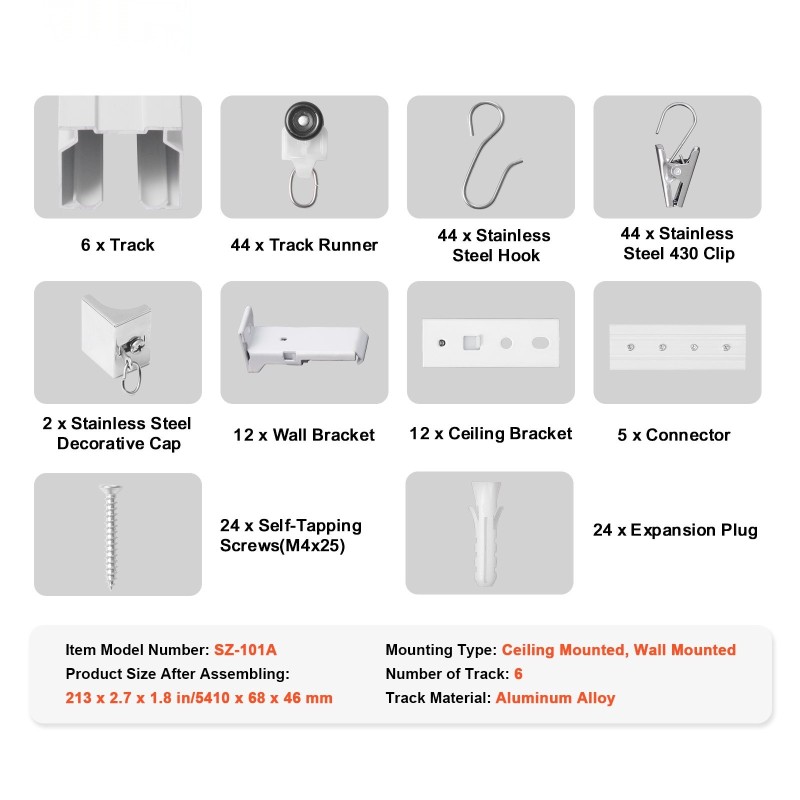 Verhokiskosarja alumiiniseos 5,4 metriä 6 kiskoa kattokiinnitys ja seinäkiinnitys valkoinen