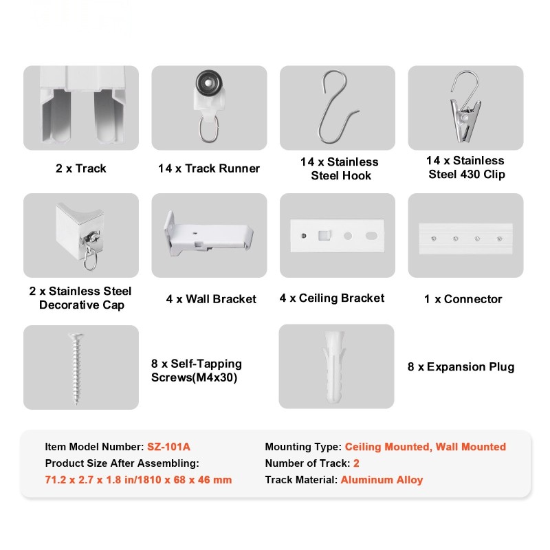 Alumiininen kaksirivinen verhokiskosetti 1,81 m valkoinen kiinnikkeillä