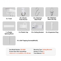 Kattokiinnitteinen muovinen kolmen metrin verhokiskosarja itsekiinnittyvä valkoinen kahdeksanosainen verhoille