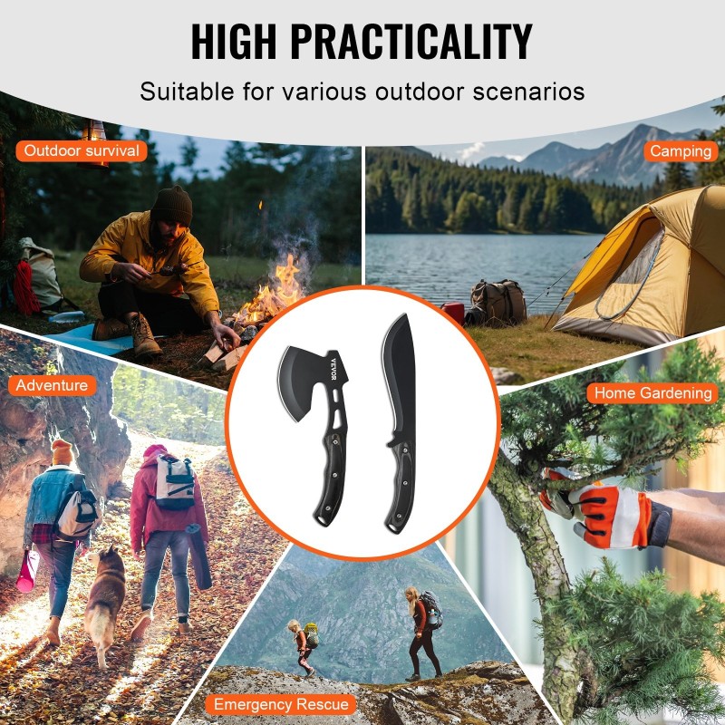 Metsästysveitsi ja kirvessetti neliosainen ruostumatonta terästä kumikahvoilla retkeilyyn