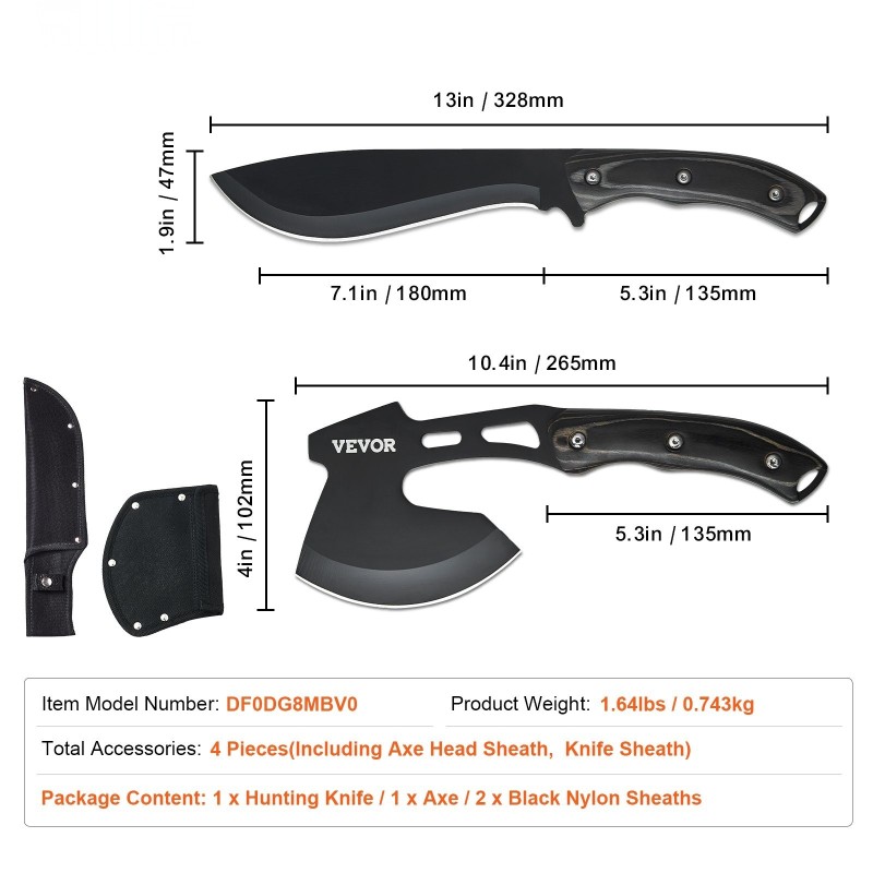 Metsästysveitsi ja kirvessetti neliosainen ruostumatonta terästä kumikahvoilla retkeilyyn