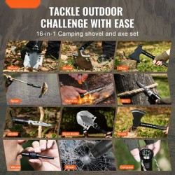 Taitettava retkilapio ja kirves 16-osainen jatkovarsilla vaellukseen säädettävällä kulmalla