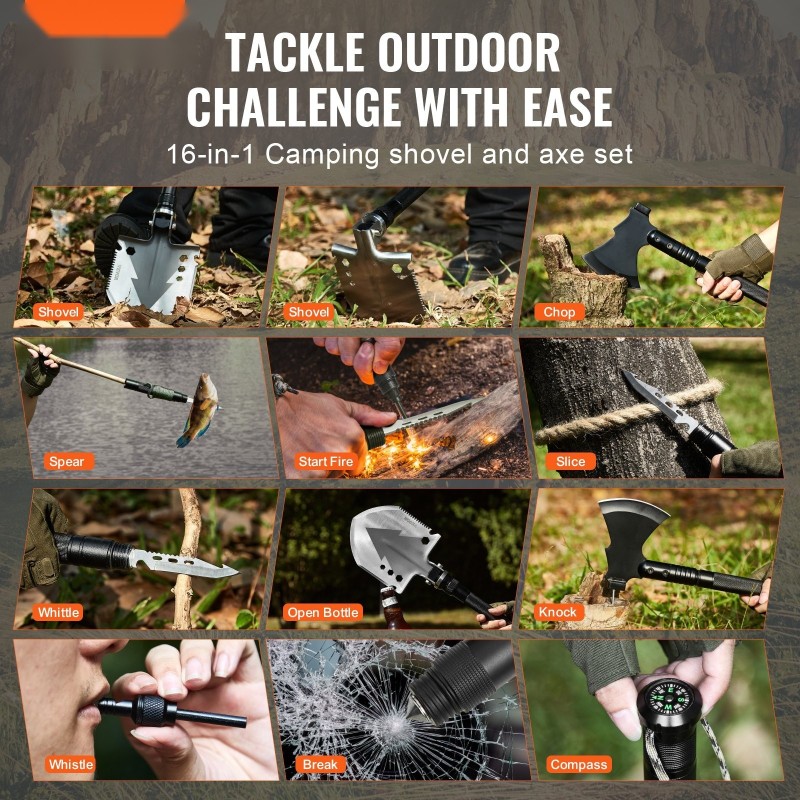 Taitettava retkilapio ja kirves 16-osainen jatkovarsilla vaellukseen säädettävällä kulmalla