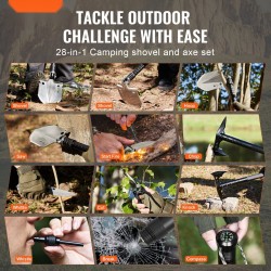 Monitoiminen selviytymislapio ja kirves 28 toimintoa ruostumatonta terästä taittuva jatkovarsilla retkeilyyn