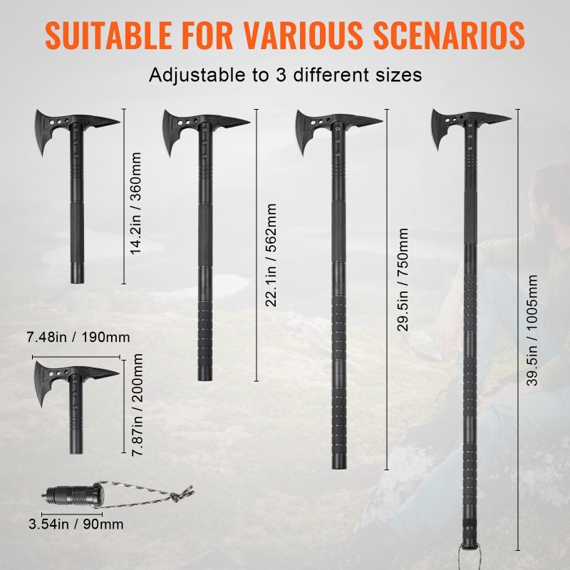 Monitoiminen selviytymislapio ja kirves 28 toimintoa ruostumatonta terästä taittuva jatkovarsilla retkeilyyn
