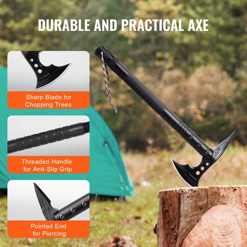 Monitoiminen selviytymislapio ja kirves 28 toimintoa ruostumatonta terästä taittuva jatkovarsilla retkeilyyn