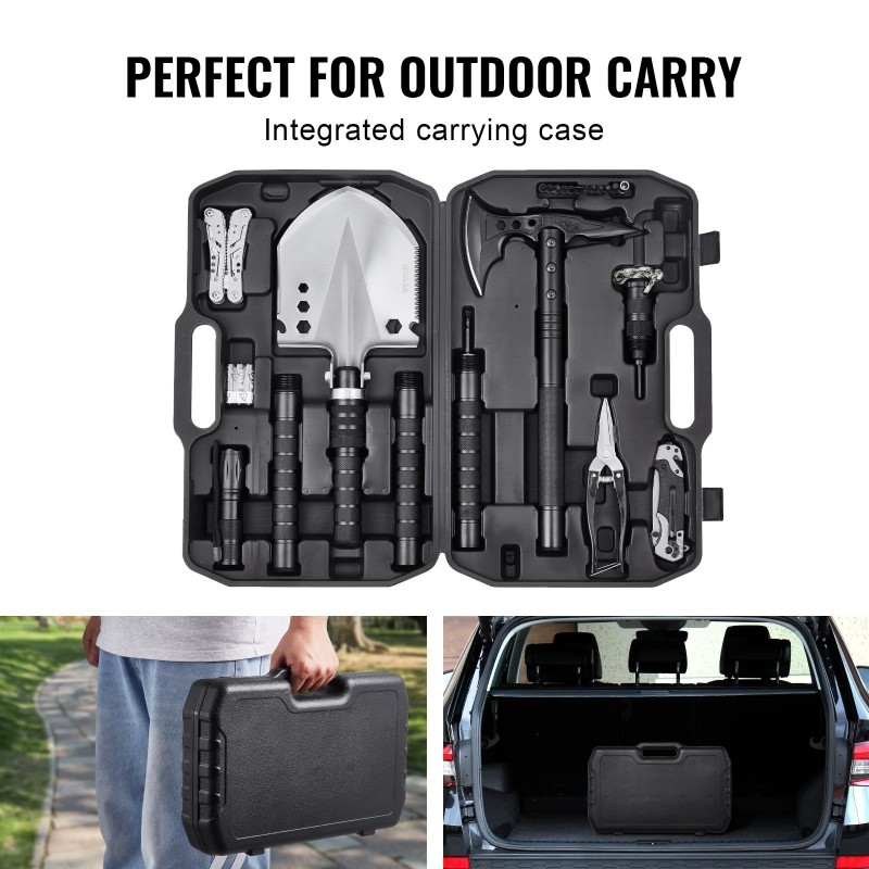 Monitoiminen selviytymislapio ja kirves 28 toimintoa ruostumatonta terästä taittuva jatkovarsilla retkeilyyn