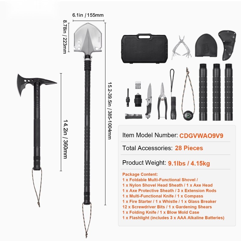 Monitoiminen selviytymislapio ja kirves 28 toimintoa ruostumatonta terästä taittuva jatkovarsilla retkeilyyn