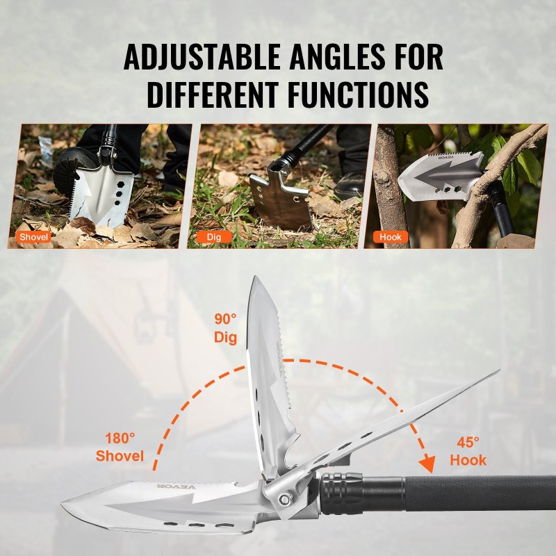 Taitettava monitoimilapio 8-osainen kompakti jatkovarsilla säädettävällä lapionpäällä retkeilyyn