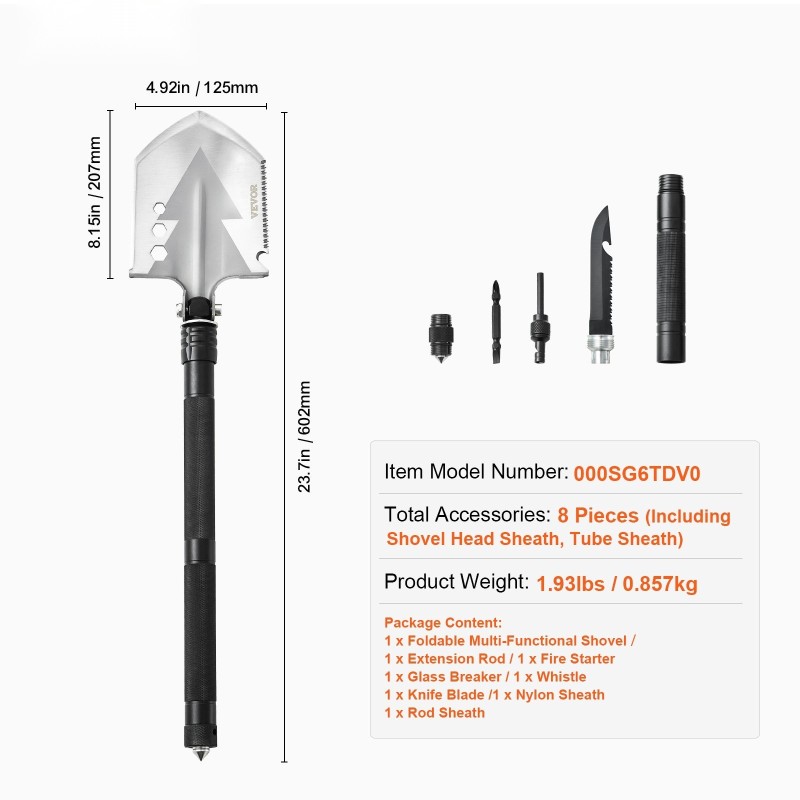 Taitettava monitoimilapio 8-osainen kompakti jatkovarsilla säädettävällä lapionpäällä retkeilyyn