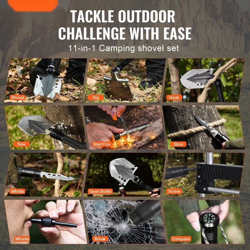 Taittuva monitoimilapio 11 osaa säädettävällä lapiopäällä jatkovarsilla retkeilyyn ja hätätilanteisiin