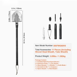 Taittuva monitoimilapio 11 osaa säädettävällä lapiopäällä jatkovarsilla retkeilyyn ja hätätilanteisiin