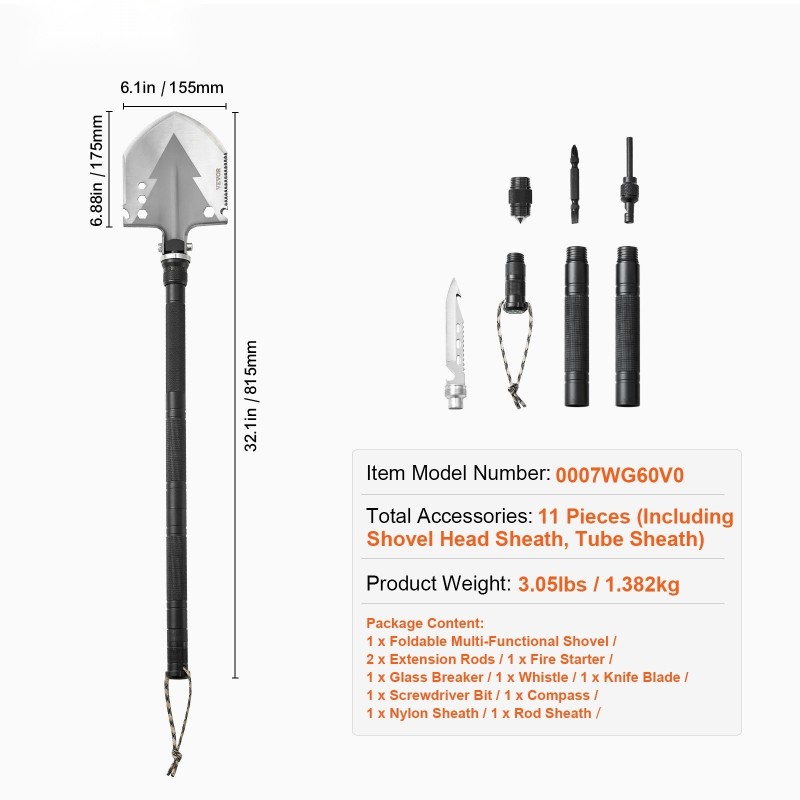 Taittuva monitoimilapio 11 osaa säädettävällä lapiopäällä jatkovarsilla retkeilyyn ja hätätilanteisiin