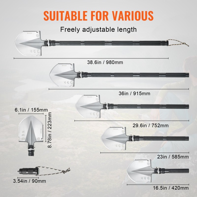 Taitettava selviytymislapio 13-osainen kompakti säädettävä kulma pidennettävillä jatkovarsilla