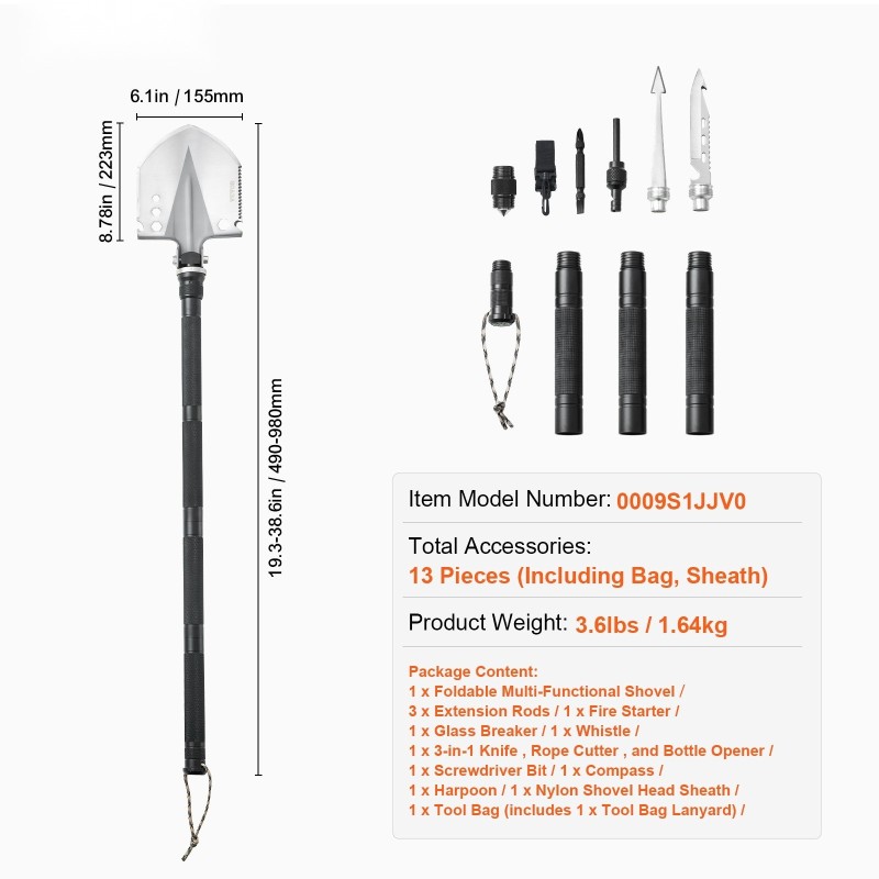Taitettava selviytymislapio 13-osainen kompakti säädettävä kulma pidennettävillä jatkovarsilla