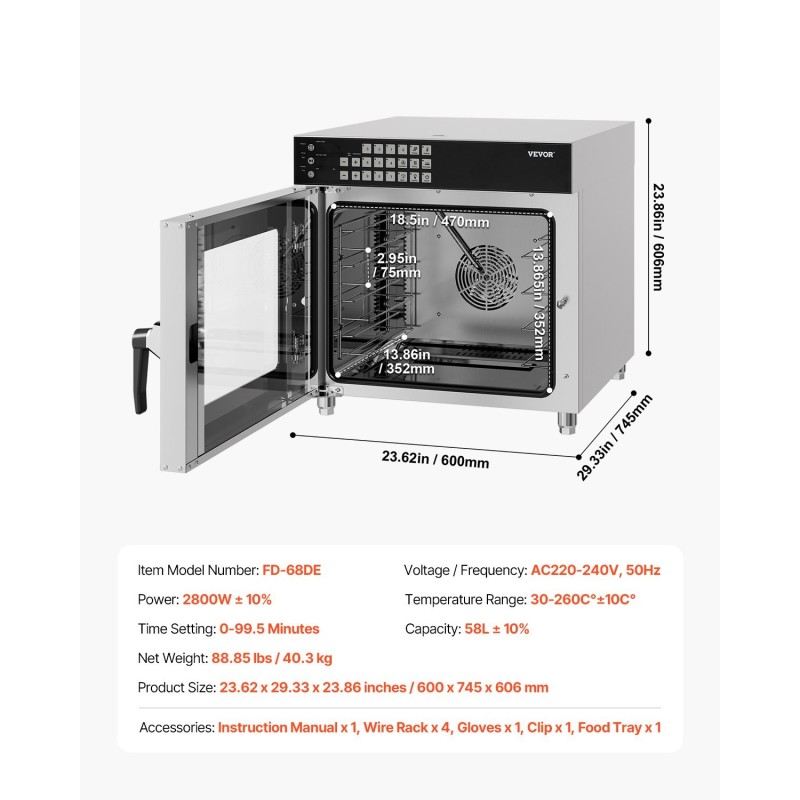 Pöytämallinen kiertoilmauuni 58 litraa 4 tasoa 2800 wattia karkaistu lasiovi ruostumaton teräs