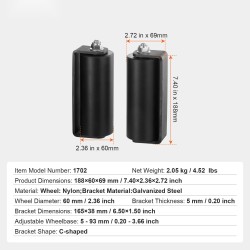 Liukuportin ohjainrullasarja kestävästä teräksestä 60 mm nailonrullat C-muotoinen kiinnike