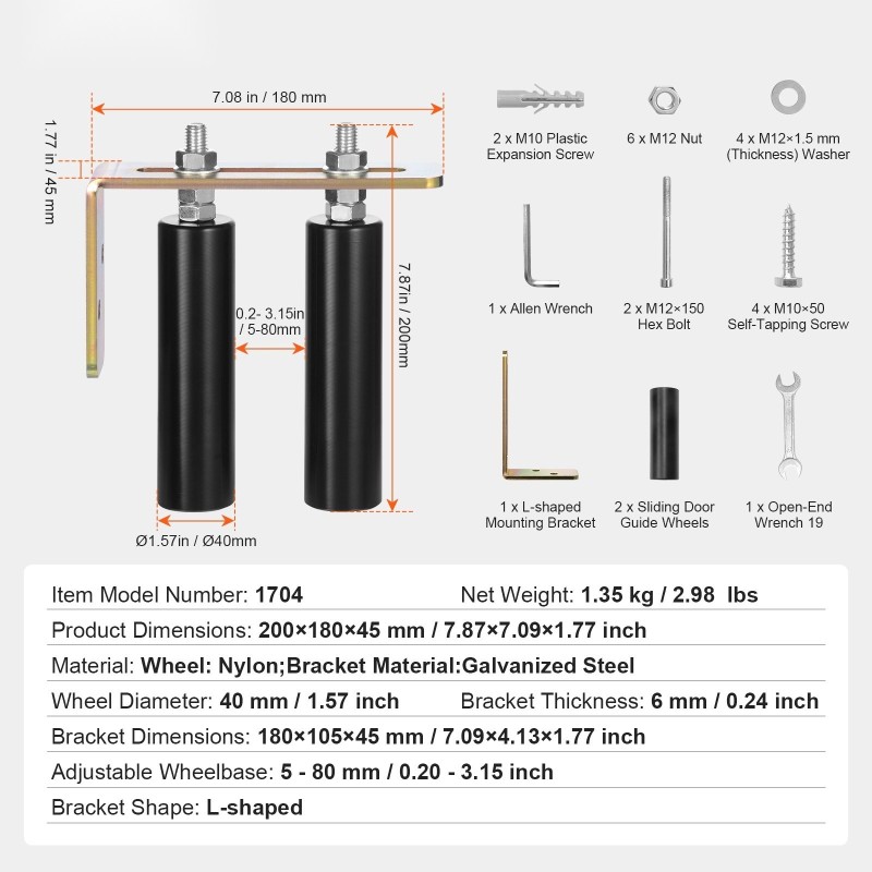 Liukuportin rullasarja kaksinkertaisilla nylonrullilla L-muotoisella teräskannattimella säädettävällä rullavälillä