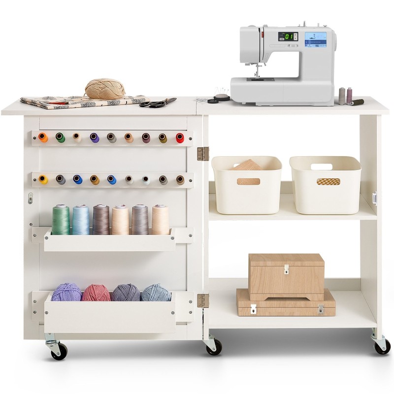 Taittuva ompelupöytä MDF avattuna 117 cm leveä ja 40 cm syvä säilytystilalla