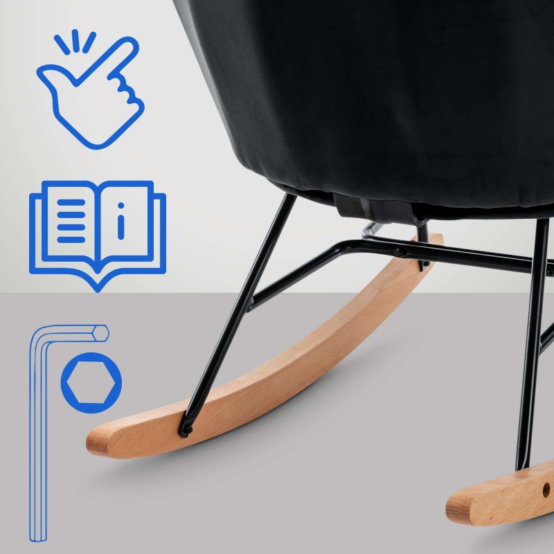 Moderni samettinen keinutuoli pehmustetulla istuimella ja puisilla jalaksilla