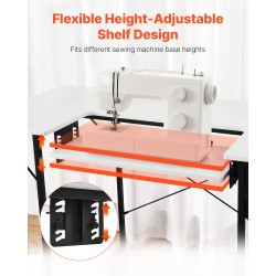 Ompelupöytä valkoinen MDF pöytälevy mustat teräsjalat korkeussäädettävä hylly taitettava sivuhylly