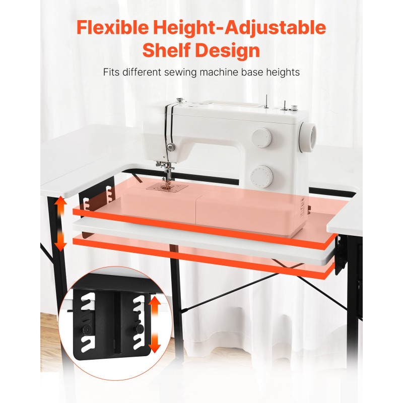 Ompelupöytä valkoinen MDF pöytälevy mustat teräsjalat korkeussäädettävä hylly taitettava sivuhylly