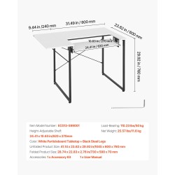 Ompelupöytä valkoinen MDF pöytälevy mustat teräsjalat korkeussäädettävä hylly taitettava sivuhylly