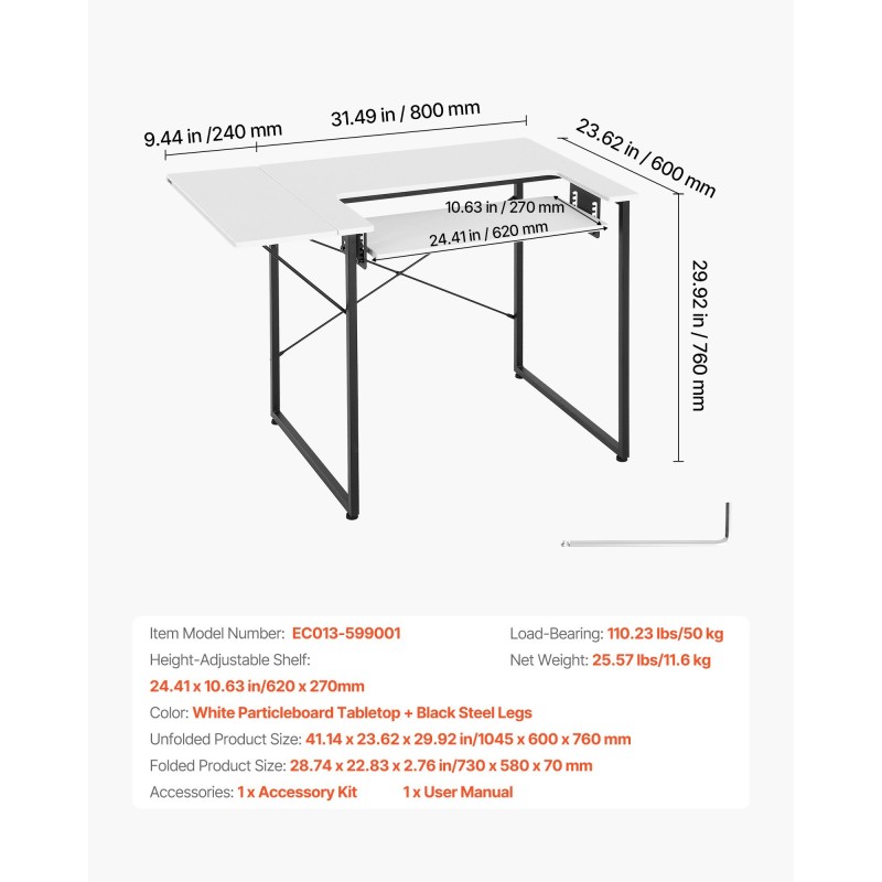 Ompelupöytä valkoinen MDF pöytälevy mustat teräsjalat korkeussäädettävä hylly taitettava sivuhylly