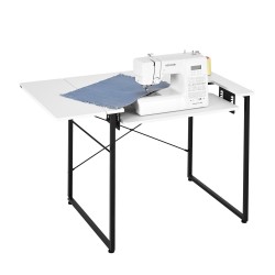 Ompelupöytä valkoinen MDF pöytälevy mustat teräsjalat korkeussäädettävä hylly taitettava sivuhylly