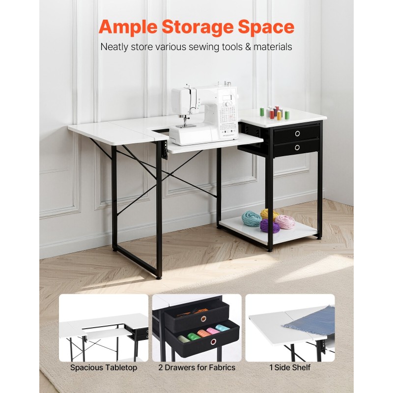 Taitettava ompelupöytä lastulevypöytätaso teräsjaloilla 3 laatikkoa taittuva sivuhylly korkeussäädettävä hylly