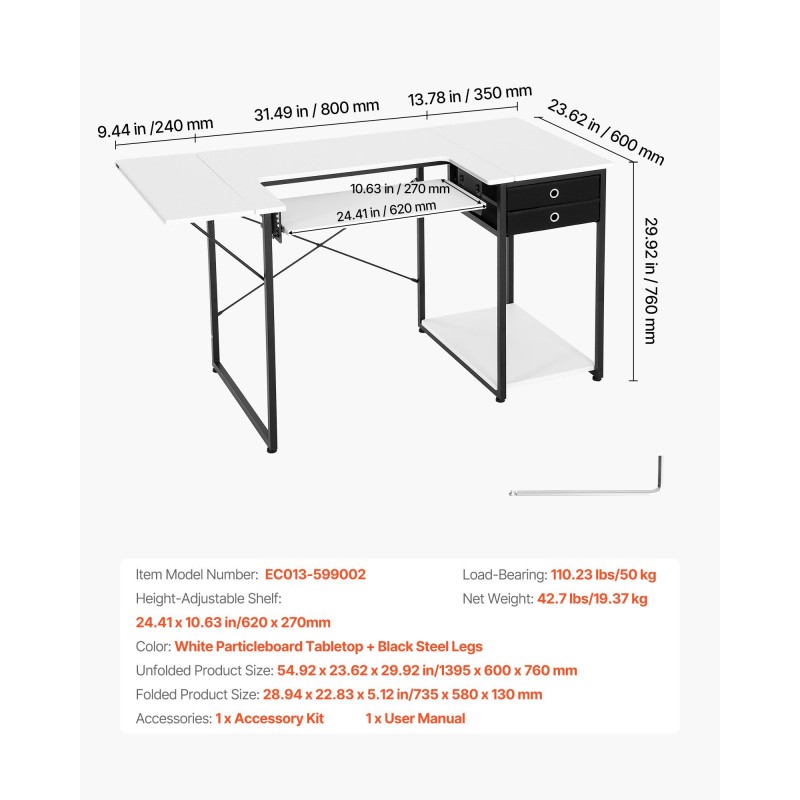 Taitettava ompelupöytä lastulevypöytätaso teräsjaloilla 3 laatikkoa taittuva sivuhylly korkeussäädettävä hylly