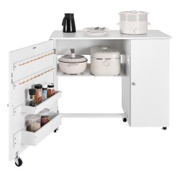 Taitettava ompelupöytä PB levy valkoinen 6 pyörää 3 lukittavaa kolmitasoinen säilytys