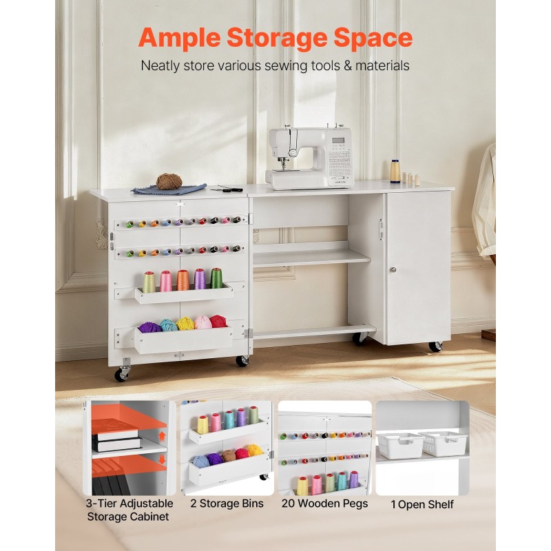 Taitettava ompelupöytä PB-levy valkoinen 6 pyörää 3 lukittavaa kolmitasoinen säilytys