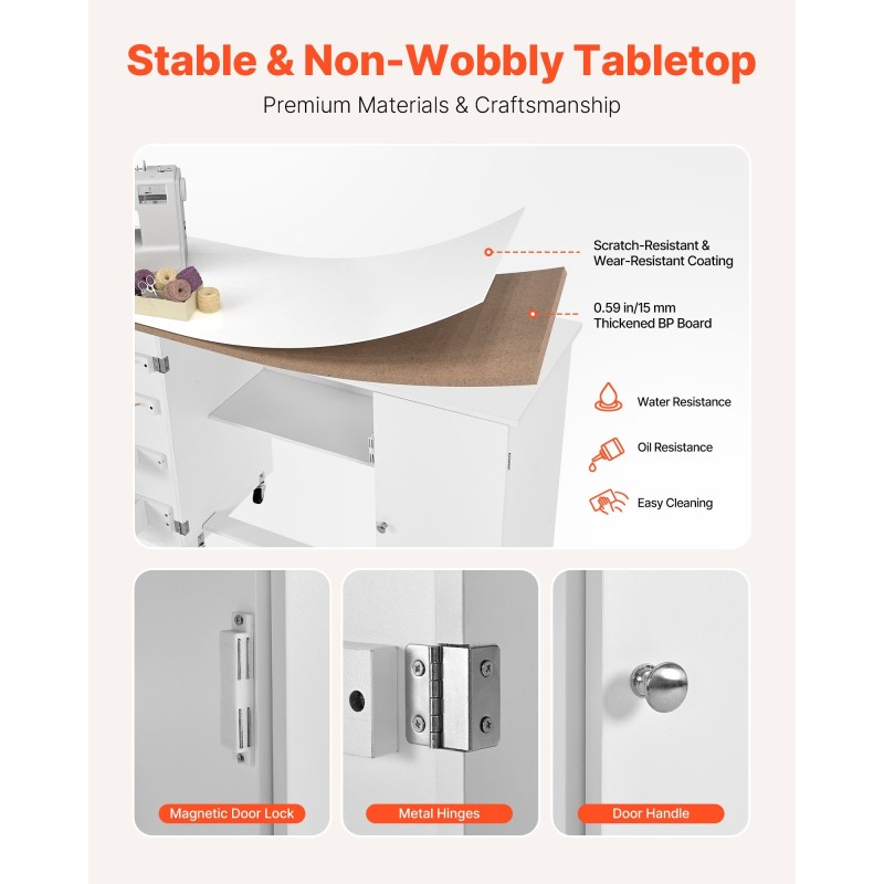 Taitettava ompelupöytä PB-levy valkoinen 6 pyörää 3 lukittavaa kolmitasoinen säilytys