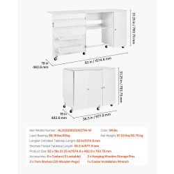 Taitettava ompelupöytä PB-levy valkoinen 6 pyörää 3 lukittavaa kolmitasoinen säilytys