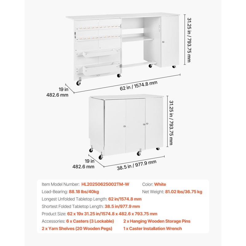 Taitettava ompelupöytä PB-levy valkoinen 6 pyörää 3 lukittavaa kolmitasoinen säilytys