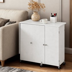 Taitettava ompelupöytä PB-levy valkoinen 6 pyörää 3 lukittavaa kolmitasoinen säilytys