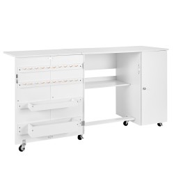 Taitettava ompelupöytä PB-levy valkoinen 6 pyörää 3 lukittavaa kolmitasoinen säilytys