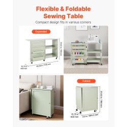 Taitettava ompelupöytä PB-levy vaaleanvihreä 5 pyörää 2 lukittavaa 2 säilytysastiaa 20 puutappia