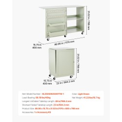 Taitettava ompelupöytä PB-levy vaaleanvihreä 5 pyörää 2 lukittavaa 2 säilytysastiaa 20 puutappia