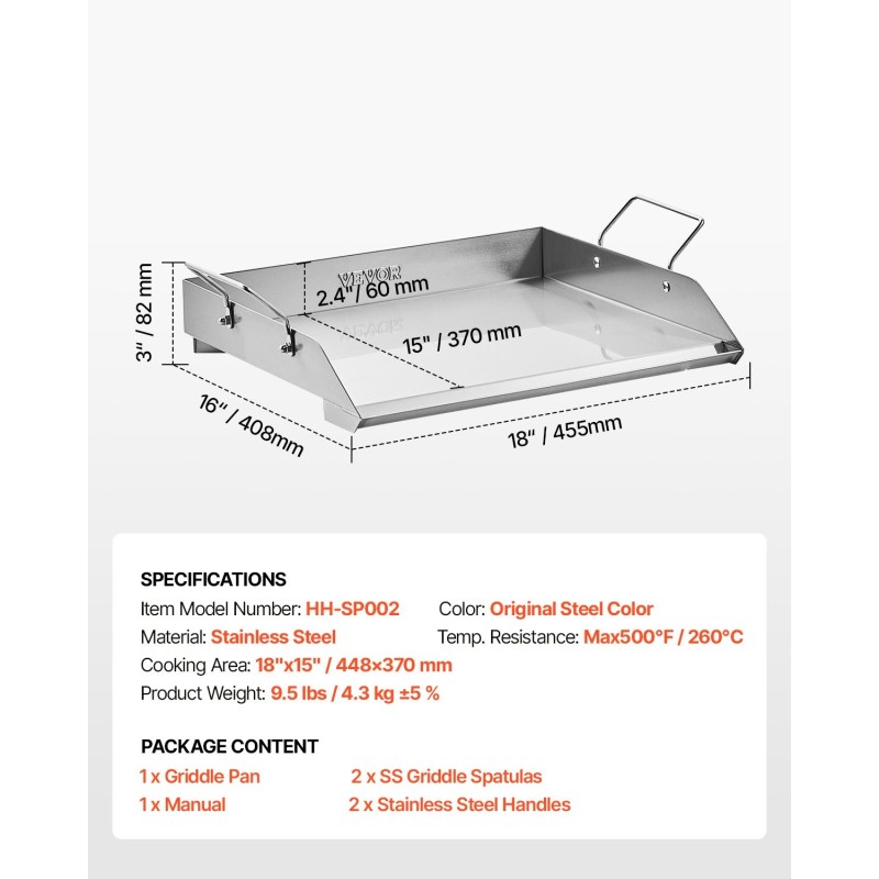 Ruostumaton teräs tasoparila 18x16 tuumaa kaasugrilliin kahvoilla