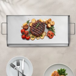 Ruostumaton teräs paistolevy 809x370 mm kahvoilla grillaukseen ja retkille
