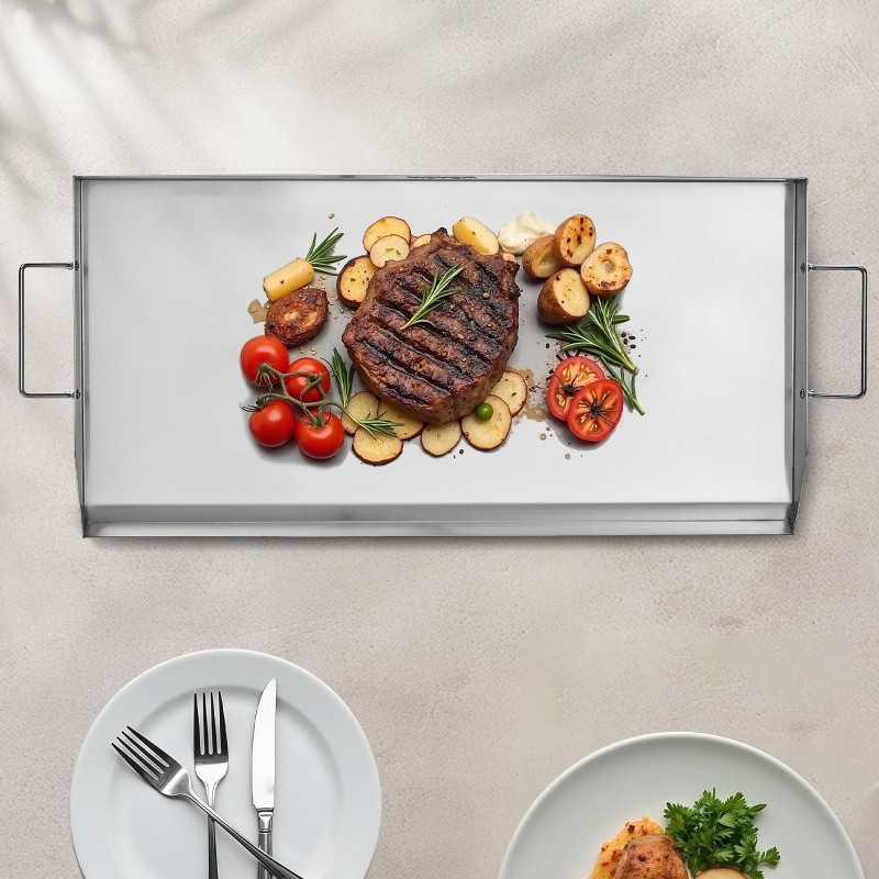 Ruostumaton teräs paistolevy 809x370 mm kahvoilla grillaukseen ja retkille