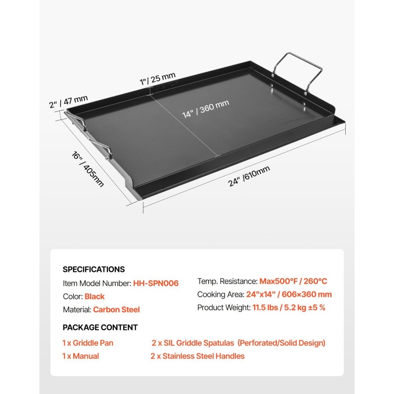 Hiiliteräksinen suorakaiteinen grillitaso 606x360 mm kaasugrilleihin kannettavilla kahvoilla