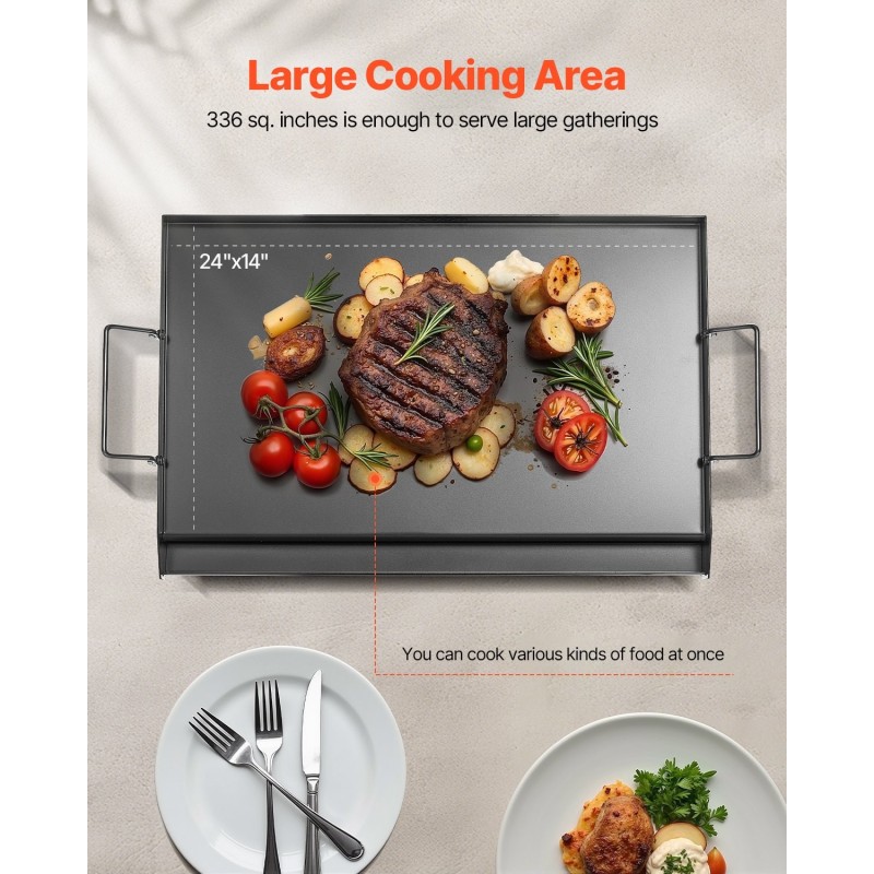 Hiiliteräksinen paistolevy 24x16-tuumainen suorakulmainen kahvallinen kaasugrillille retkeilyyn