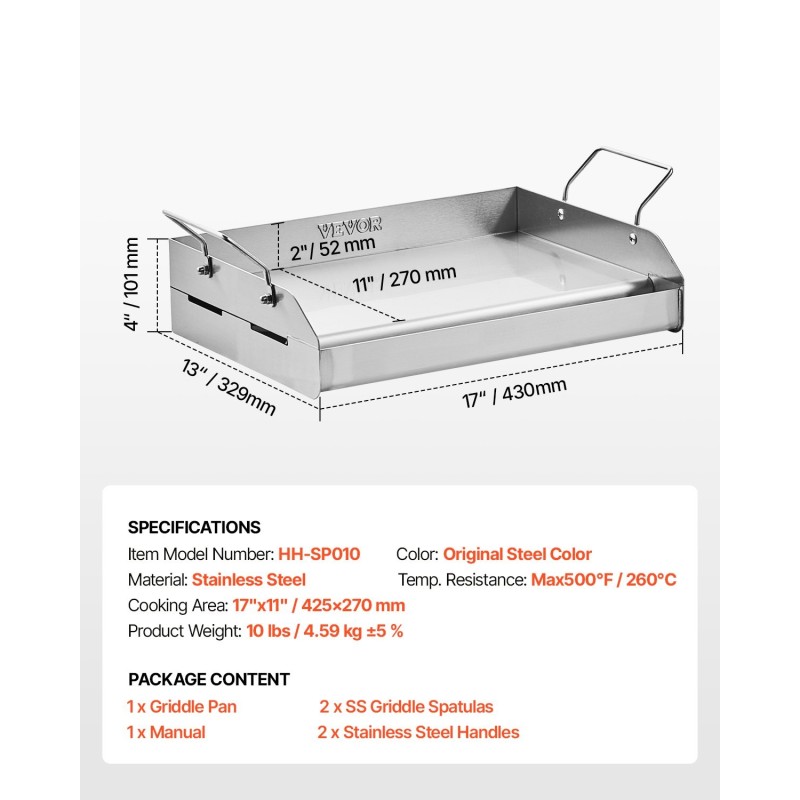 Ruostumaton teräs suorakulmainen paistolevy 17x13 tuumaa kaasugrillille kantokahvoilla