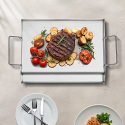 Ruostumaton teräs suorakulmainen paistolevy 17x13 tuumaa kaasugrillille kantokahvoilla