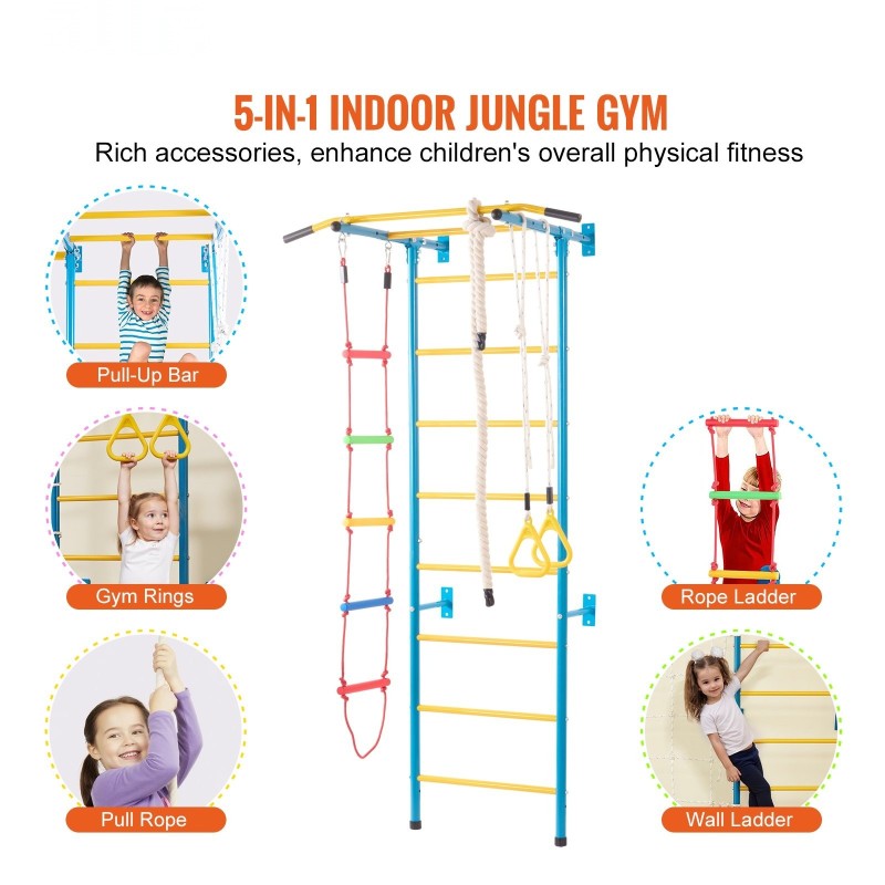 Sisäseinäkiipeilyteline 5-osainen hiiliteräs ruotsalainen tikas leuanvetotanko köysitikkaat voimistelurenkaat 99,8 kg kantavuus