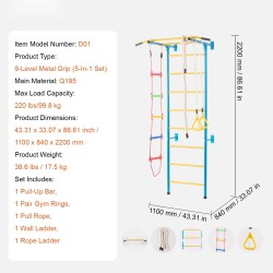 Sisäseinäkiipeilyteline 5-osainen hiiliteräs ruotsalainen tikas leuanvetotanko köysitikkaat voimistelurenkaat 99,8 kg kantavuus
