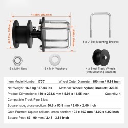 Liukuporttisarja teräskiinnikkeillä Q235B ja 150 mm nailonpyörillä 4 kpl vapaasti kannateltaville porteille